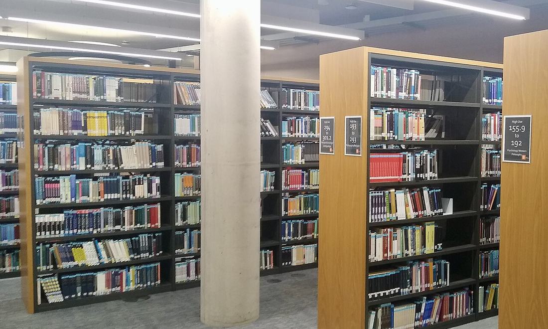 Books on library shelves